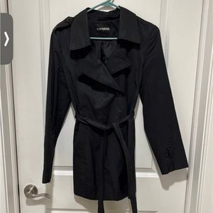Express Black trench coat. Buttons are espresso colored. Tie front. Pockets. **